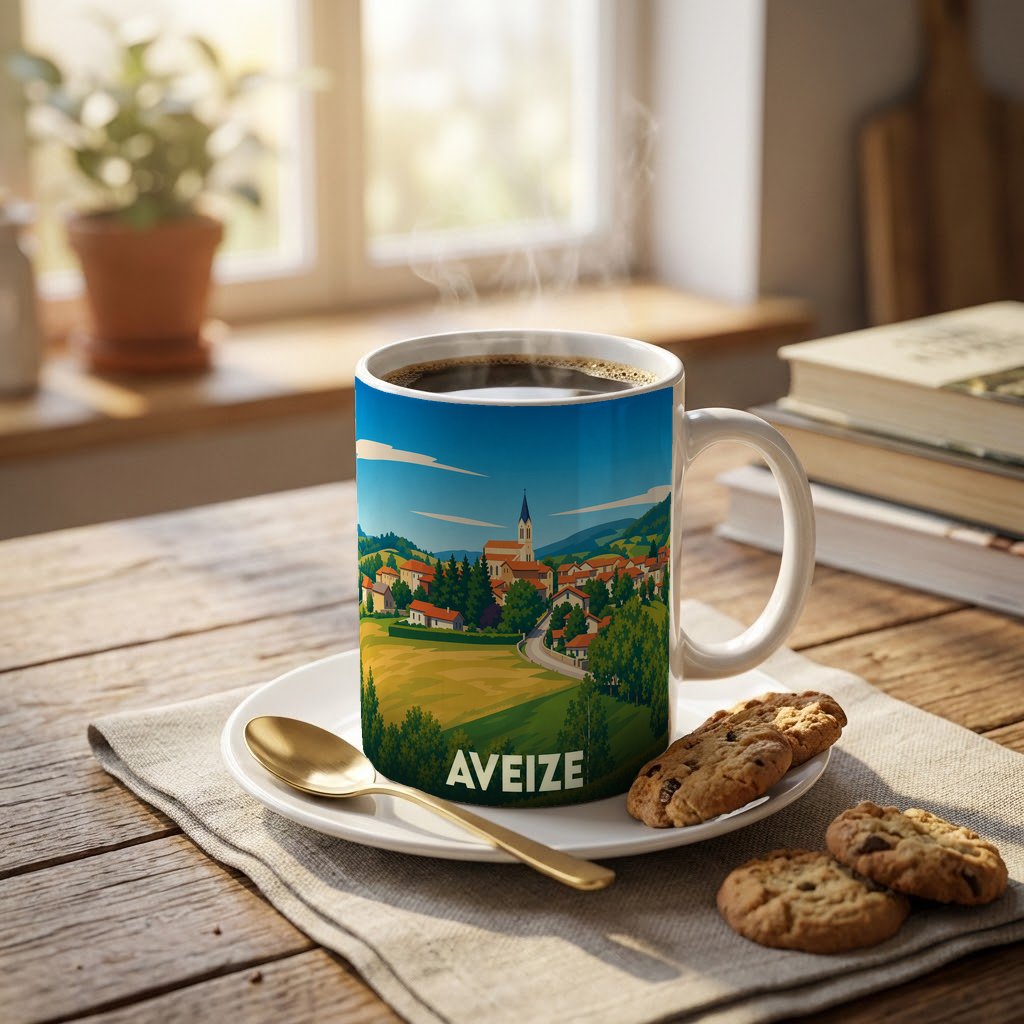 Mug souvenir de la ville d'Aveize orné d'une illustration stylisée de son paysage vallonné.