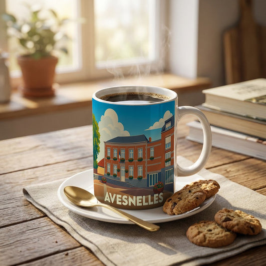 Mug souvenir de la ville d'Avesnelles avec une illustration stylisée d'un bâtiment typique.