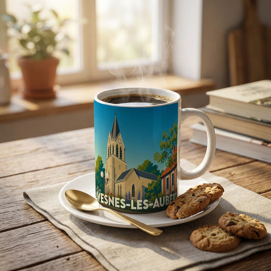 Mug souvenir de la ville d'Avesnes-les-Aubert avec une illustration stylisée de son église.
