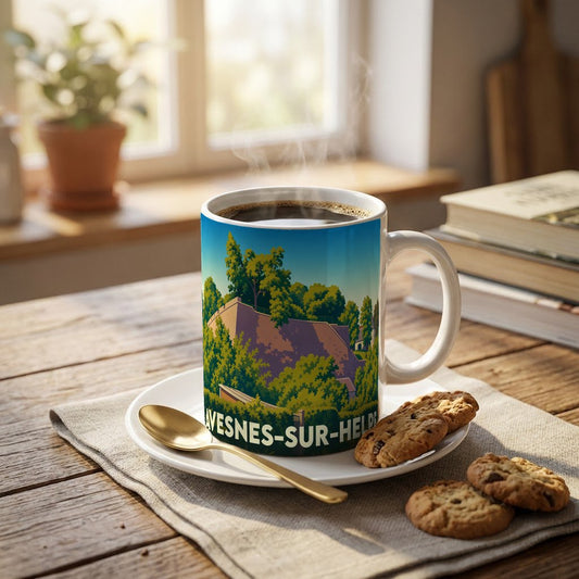 Mug souvenir de la ville de Avesnes-sur-Helpe orné d'une illustration stylisée de ses remparts verdoyants.