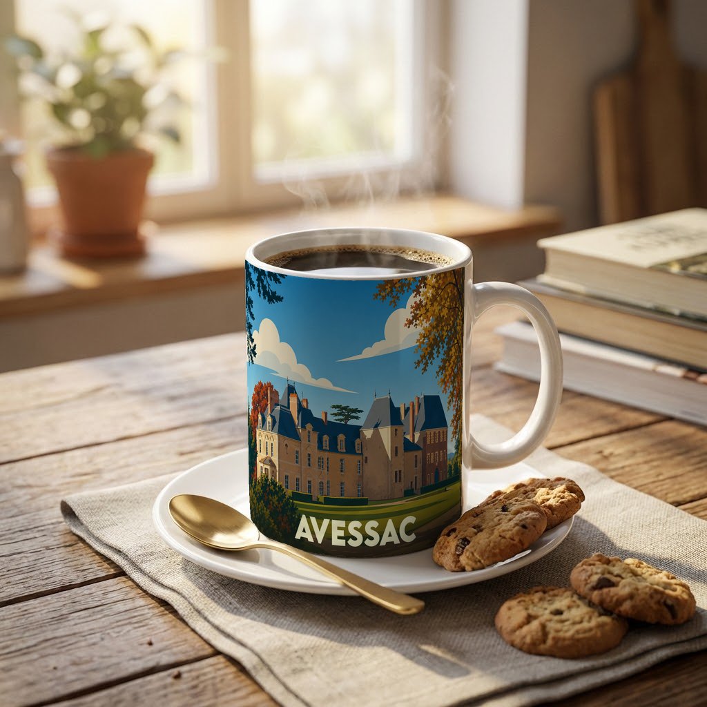 Mug souvenir de la ville d'Avessac illustré d'un château stylisé sous un ciel bleu.