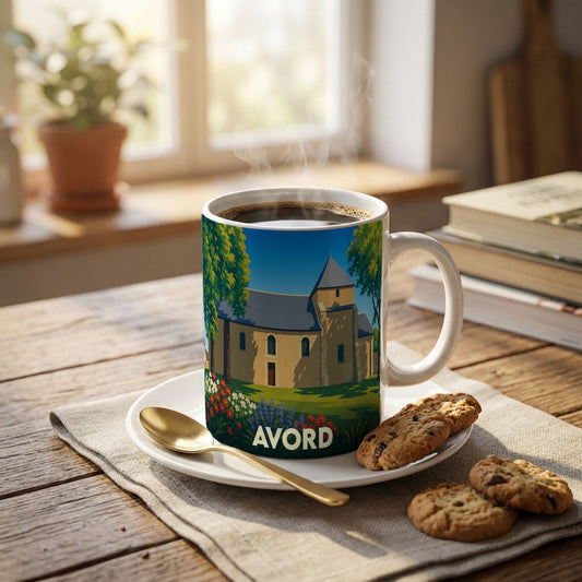 Mug souvenir de la ville d'Avord orné d'une illustration stylisée de son église et de fleurs colorées.