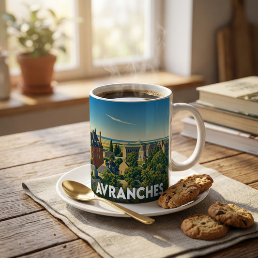 Mug souvenir de la ville d'Avranches avec une illustration stylisée d'un paysage urbain verdoyant.
