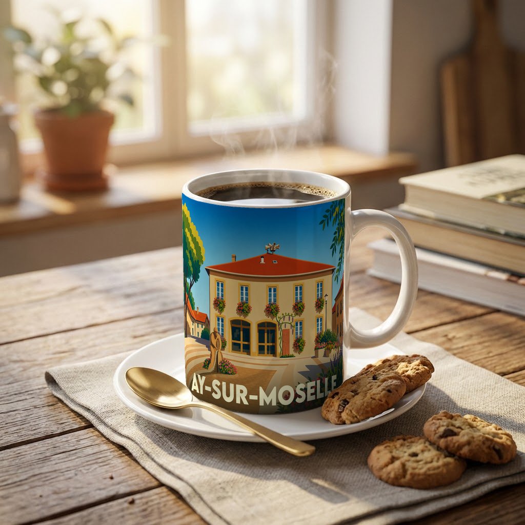 Mug souvenir de la ville d'Ay-sur-Moselle avec une illustration stylisée d'un bâtiment traditionnel.