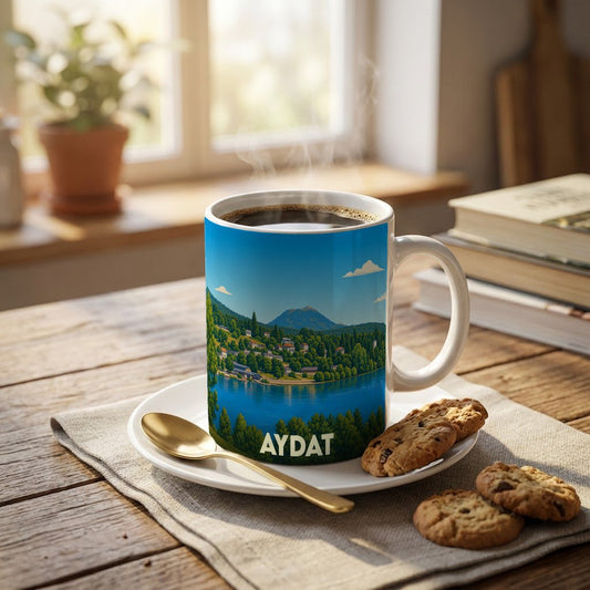 Mug souvenir de la ville d'Aydat avec une illustration stylisée d'un lac de montagne.