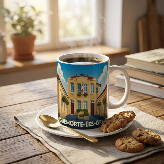 Mug souvenir de la ville d'Ayguemorte-les-Graves avec une illustration stylisée de sa mairie.