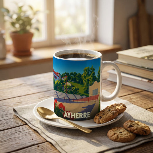 Mug souvenir de la ville d'Ayherre avec une illustration stylisée d'un fronton de pelote basque.