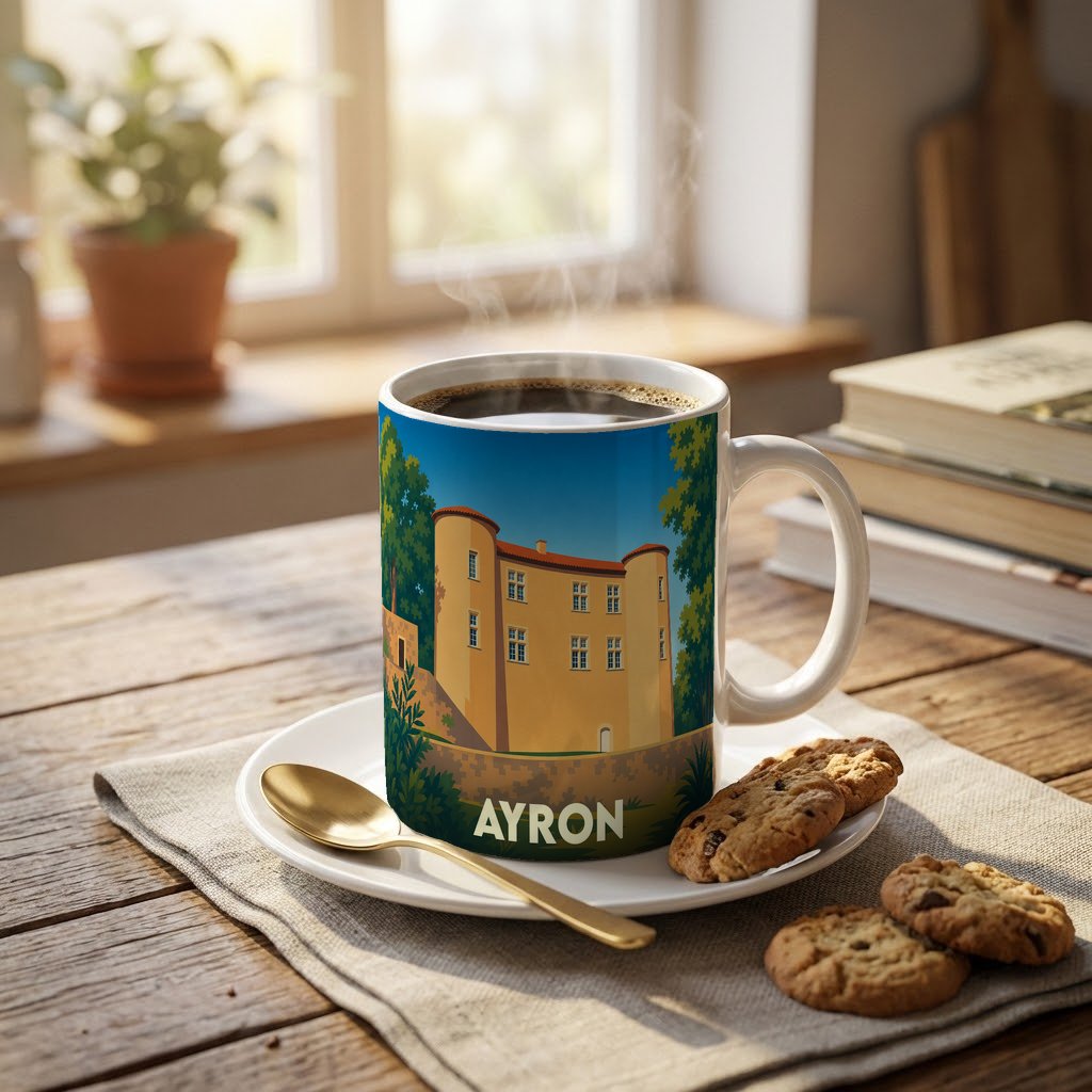 Mug souvenir de la ville d'Ayron avec une illustration stylisée de son château.