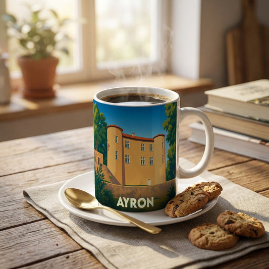 Mug souvenir de la ville d'Ayron avec une illustration stylisée de son château.