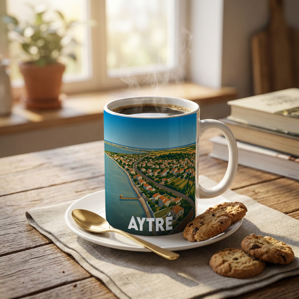 Mug souvenir de la ville d'Aytré orné d'une illustration stylisée du littoral et de ses habitations.