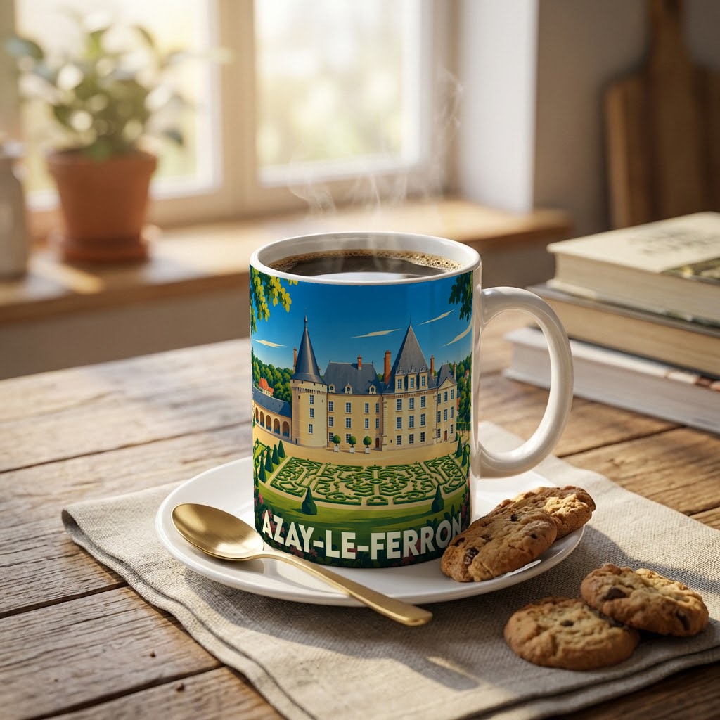 Mug souvenir de la ville d'Azay-le-Ferron orné d'une illustration stylisée de son château et de ses jardins.