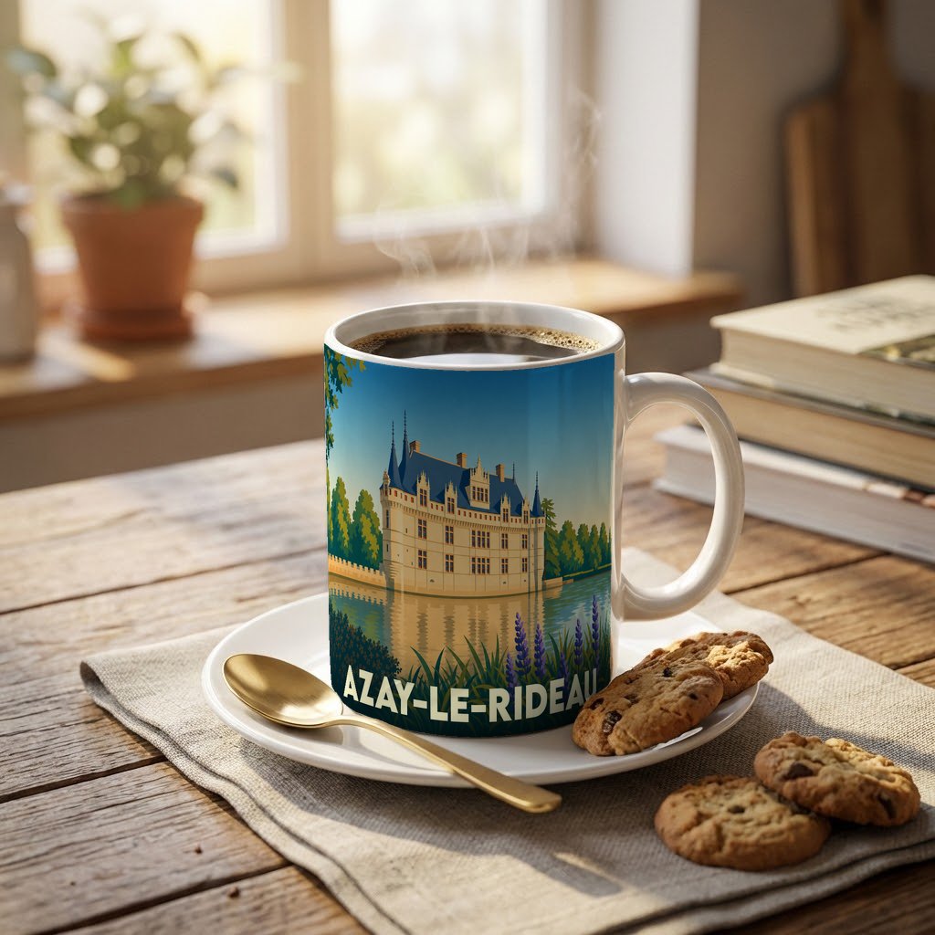 Mug souvenir de la ville d'Azay-le-Rideau illustré par son château se reflétant dans l'eau.