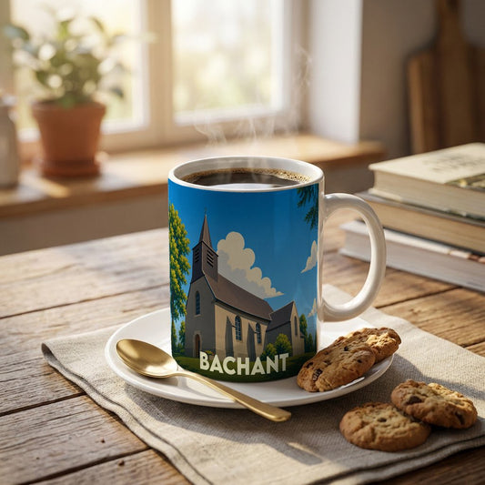 Mug souvenir de la ville de Bachant avec une illustration stylisée de son église.