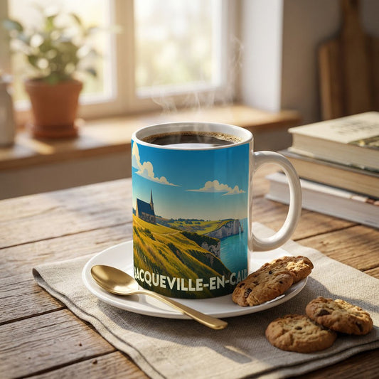 Mug souvenir de Bacqueville-en-Caux illustré d'un paysage côtier stylisé et rempli de café chaud.