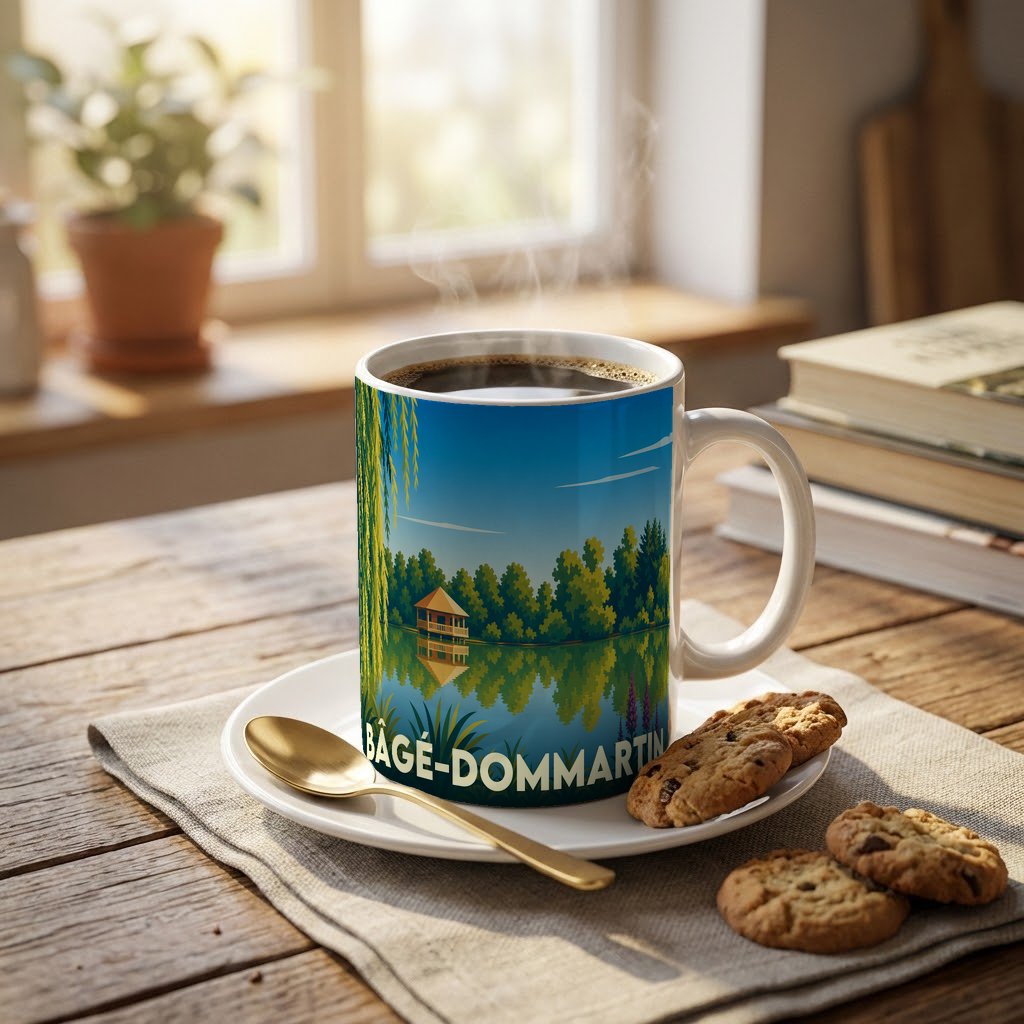 Mug souvenir de la ville de Bâgé-Dommartin illustré d'un paysage de lac paisible.
