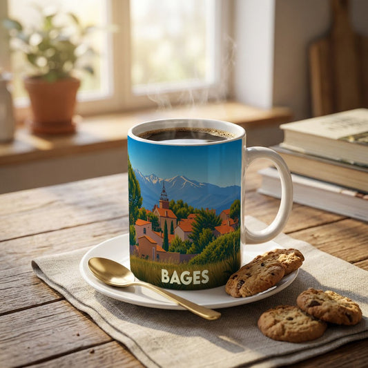 Mug souvenir de la ville de Bages illustré d'un paysage montagneux stylisé.
