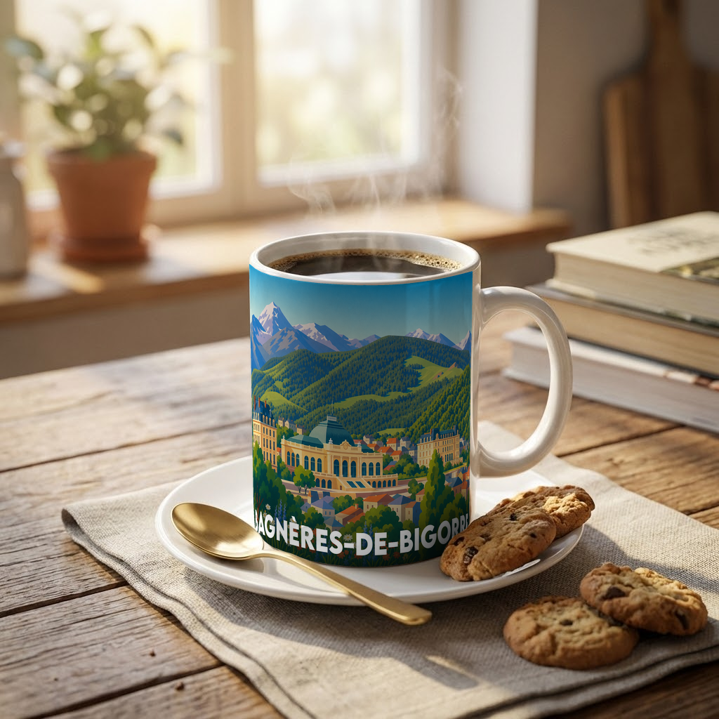 Mug souvenir de la ville de Bagnères-de-Bigorre avec une illustration stylisée des montagnes et du casino.