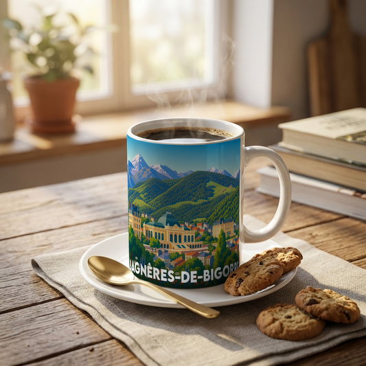Mug souvenir de la ville de Bagnères-de-Bigorre avec une illustration stylisée des montagnes et du casino.