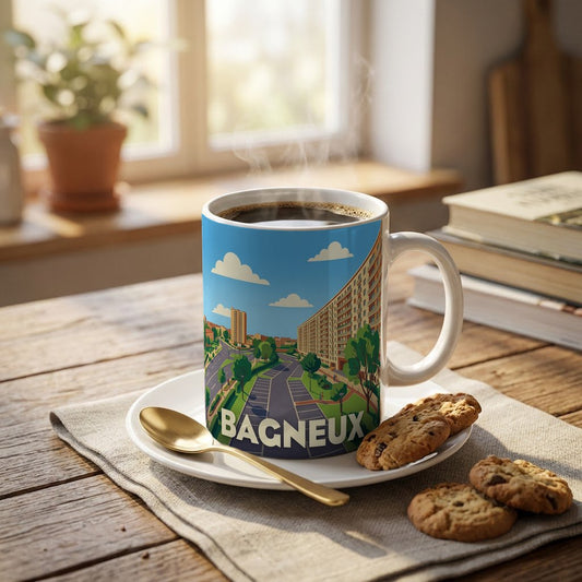 Mug souvenir de la ville de Bagneux avec une illustration urbaine stylisée.