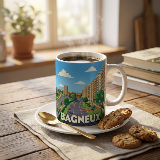 Mug souvenir de la ville de Bagneux avec une illustration urbaine stylisée.