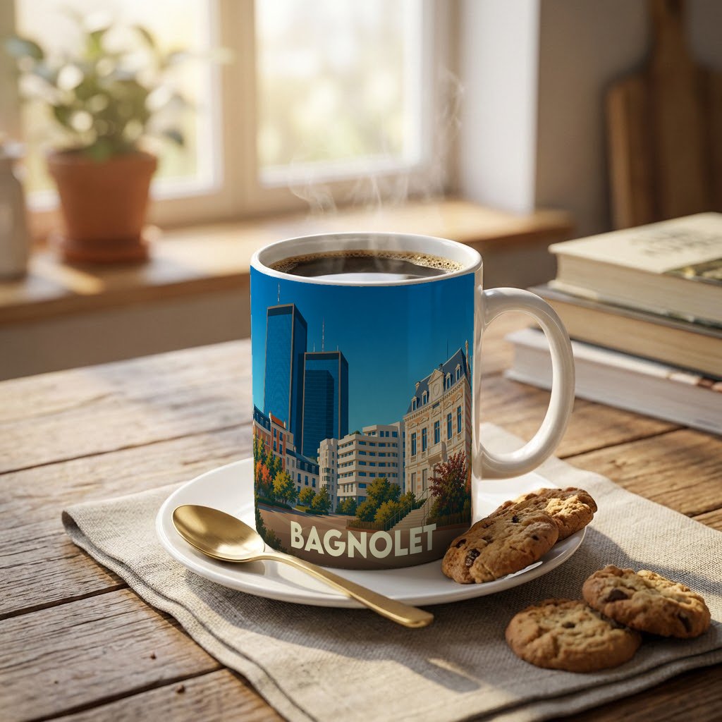 Mug souvenir de la ville de Bagnolet illustré de ses tours emblématiques et de son architecture.