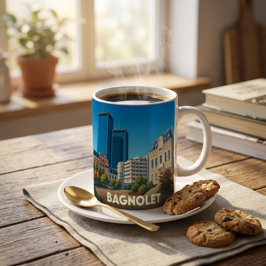 Mug souvenir de la ville de Bagnolet illustré de ses tours emblématiques et de son architecture.