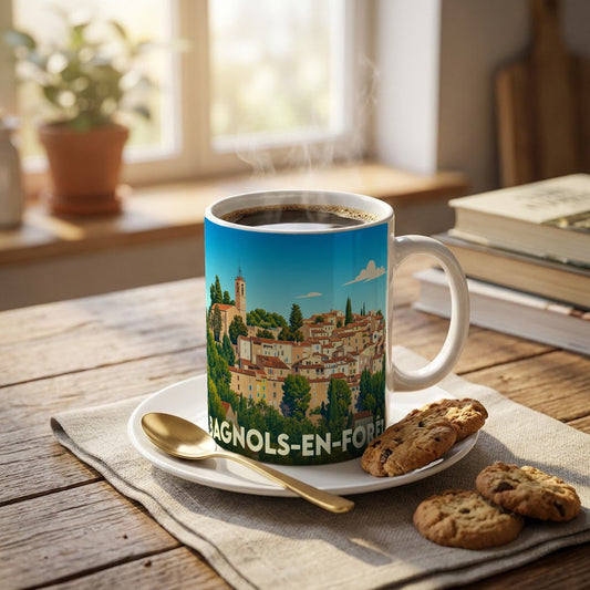 Mug souvenir de la ville de Bagnols-en-Forêt avec une illustration stylisée d'un village perché.
