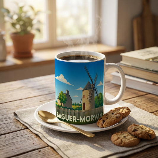 Mug souvenir de la ville de Baguer-Morvan avec une illustration stylisée d'un moulin.