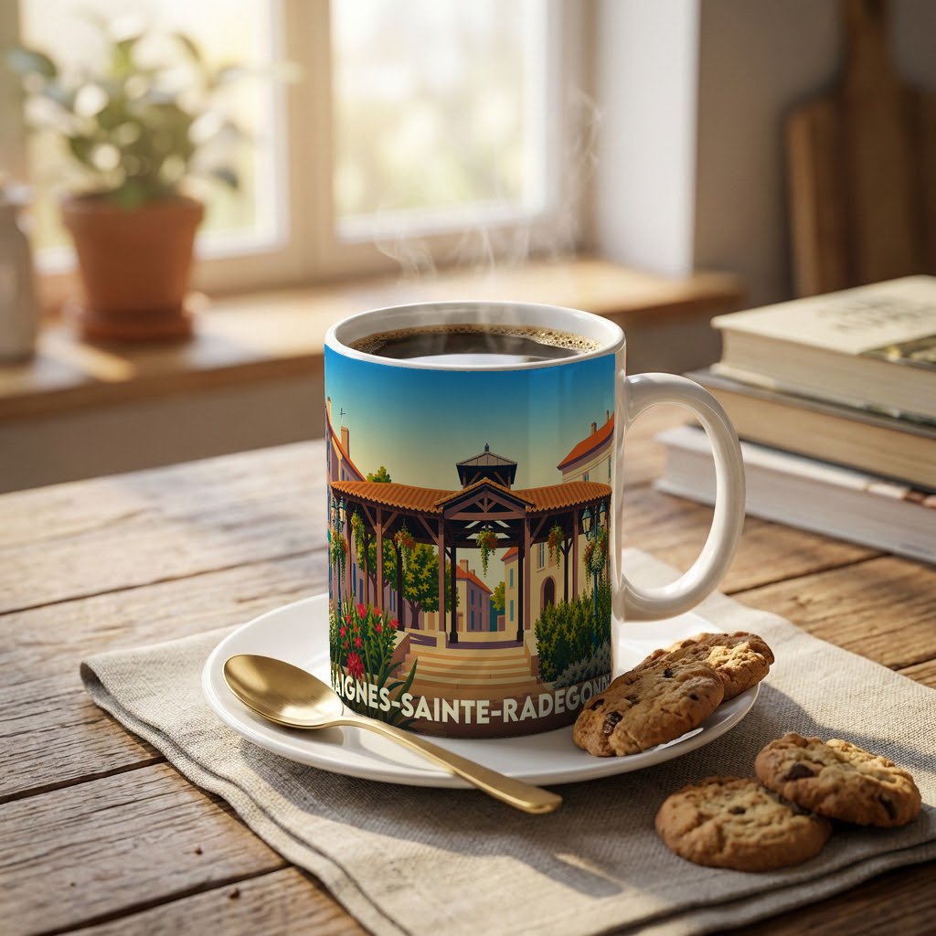 Mug souvenir de la ville de Baignes-Sainte-Radegonde avec une illustration stylisée d'une halle couverte.