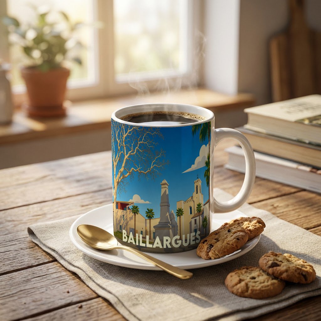 Mug souvenir de la ville de Baillargues avec une illustration stylisée et colorée.