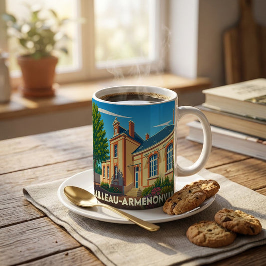 Mug souvenir de la ville de Bailleau-Armenonville orné d'une illustration colorée et stylisée de sa mairie.