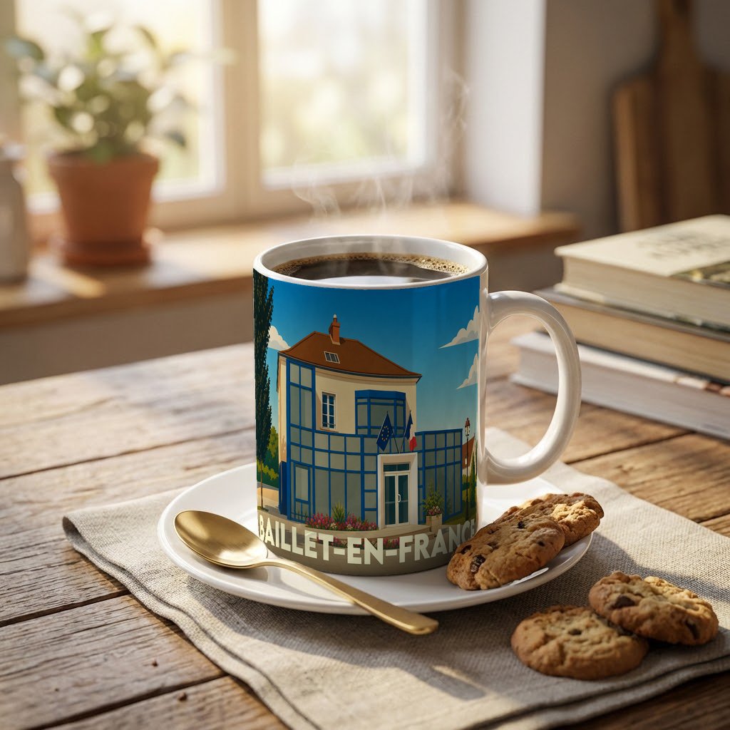 Mug souvenir de la ville de Baillet-en-France avec une illustration stylisée de sa mairie.
