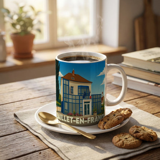 Mug souvenir de la ville de Baillet-en-France avec une illustration stylisée de sa mairie.
