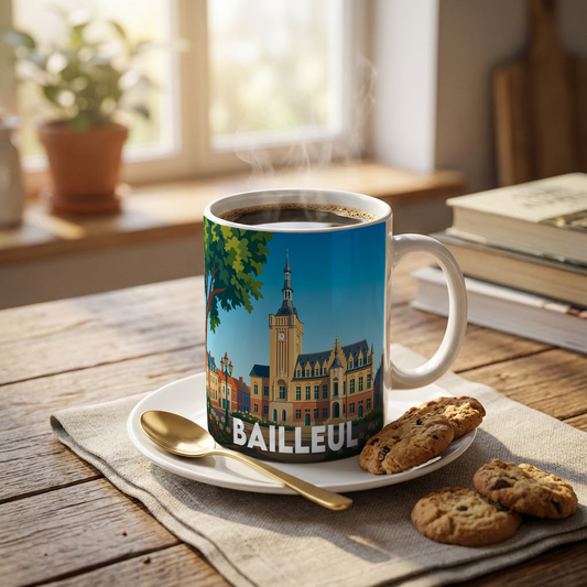 Mug souvenir de la ville de Bailleul avec une illustration stylisée de son beffroi.