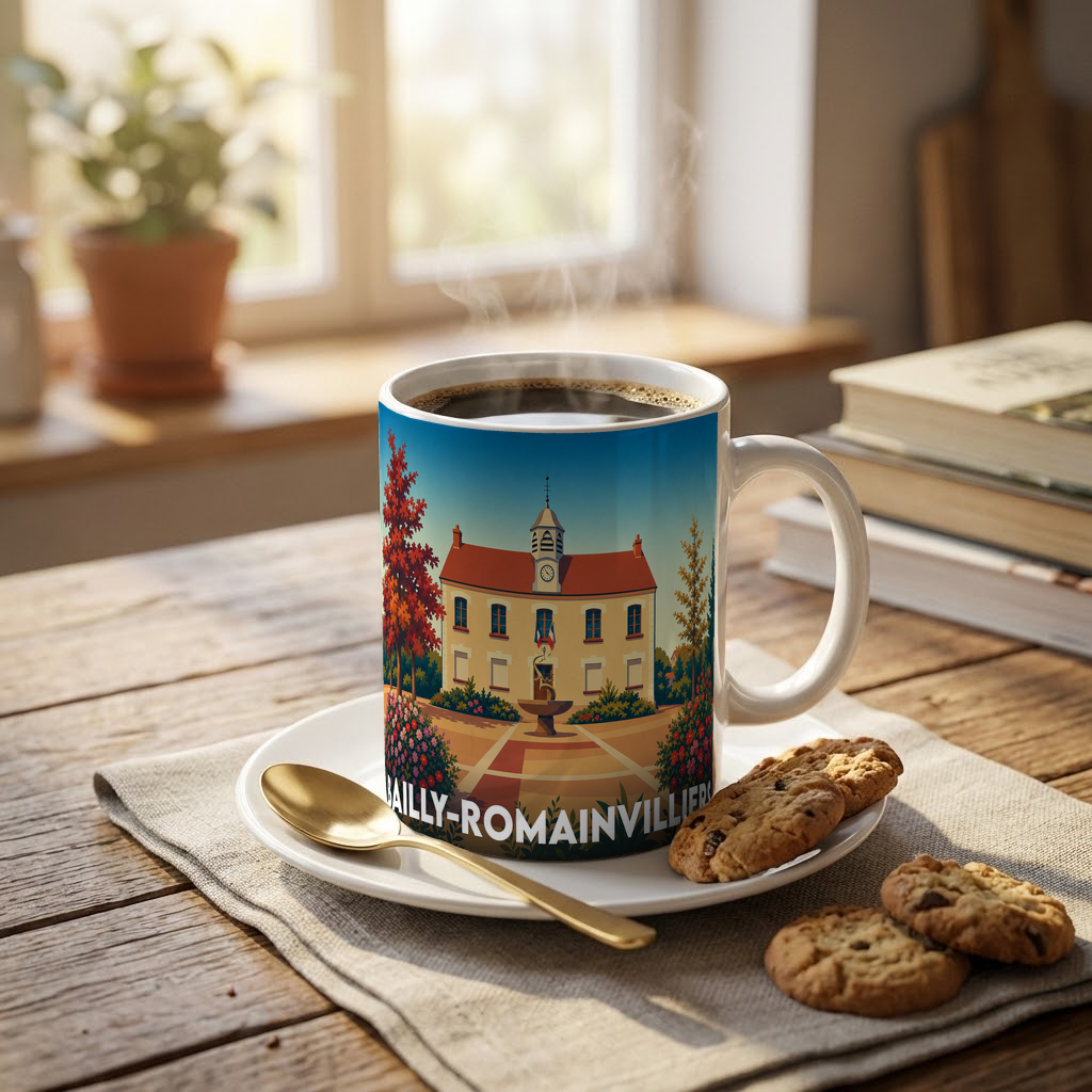 Mug souvenir de la ville de Bailly-Romainvilliers orné d'une illustration stylisée de son hôtel de ville.