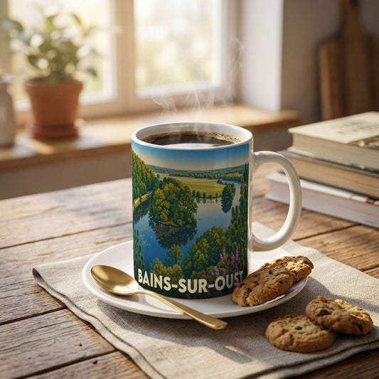 Mug souvenir de la ville de Bains-sur-Oust orné d'une illustration paysagère stylisée.