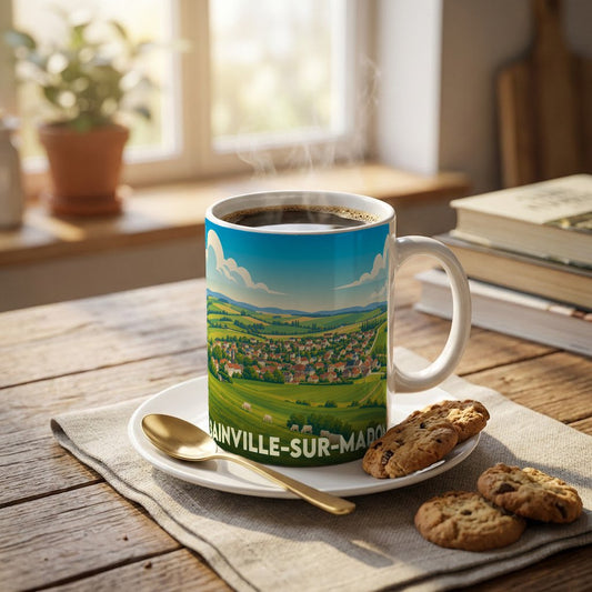 Mug souvenir de la ville de Bainville-sur-Madon avec une illustration stylisée de son paysage rural.