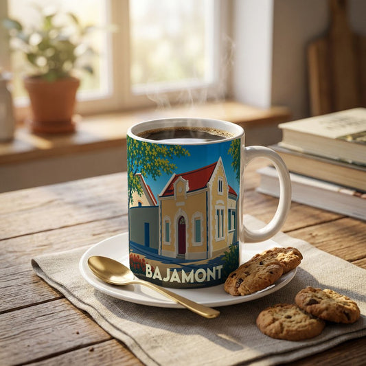 Mug souvenir de la ville de Bajamont avec une illustration stylisée d'une maison colorée.