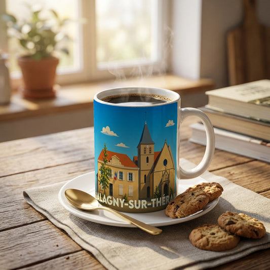 Mug souvenir de la ville de Balagny-sur-Thérain avec une illustration stylisée de son église et de sa mairie.