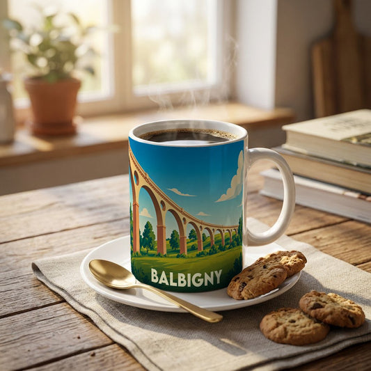 Mug souvenir de la ville de Balbigny orné d'une illustration stylisée représentant un grand viaduc.