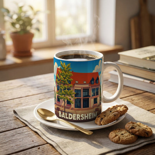 Mug souvenir de la ville de Baldersheim orné d'une illustration stylisée de son architecture locale.