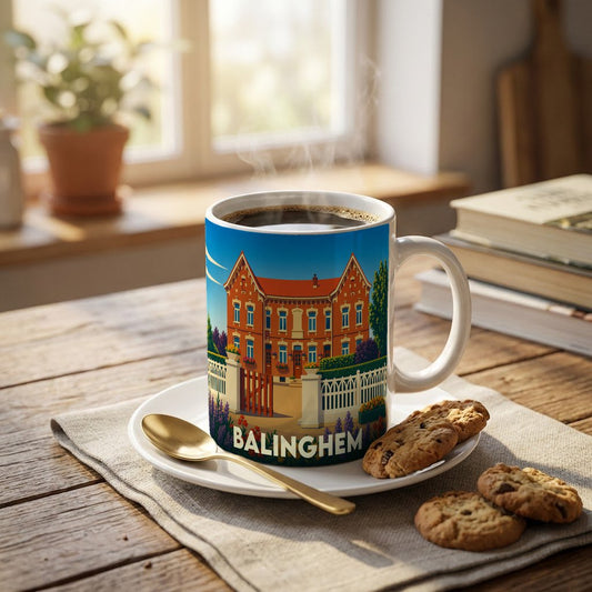 Mug souvenir de la ville de Balinghem orné d'une illustration stylisée de maison bourgeoise.