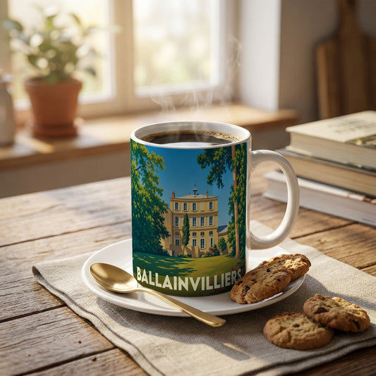 Mug souvenir de la ville de Ballainvilliers avec une illustration stylisée d'un château.