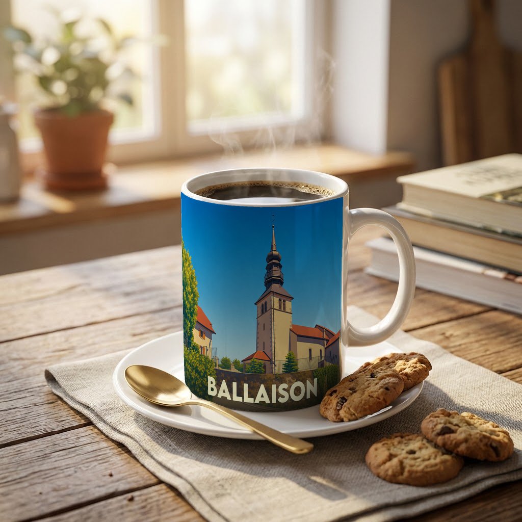 Mug souvenir de la ville de Ballaison avec une illustration stylisée d'un clocher.