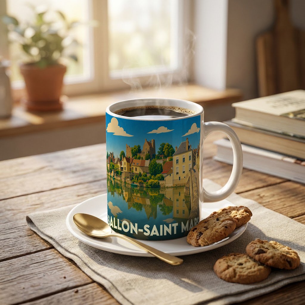 Mug souvenir de la ville de Ballon-Saint Mars orné d'une illustration stylisée de son paysage urbain se reflétant dans l'eau.