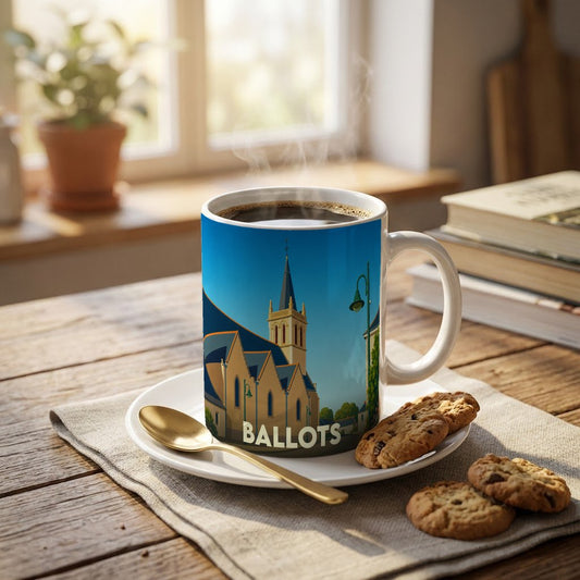Mug souvenir de la ville de Ballots illustré d'une église stylisée sous un ciel bleu.