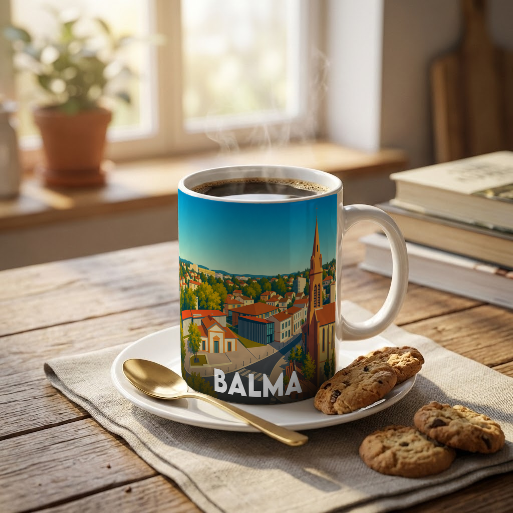 Mug souvenir de la ville de Balma avec une illustration stylisée.