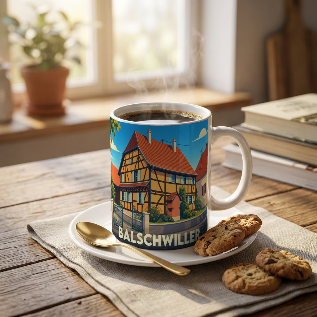 Mug souvenir de la ville de Balschwiller avec une illustration stylisée d'une maison à colombages.