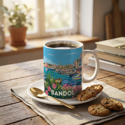 Mug souvenir de la ville de Bandol avec une illustration stylisée et colorée de son port.