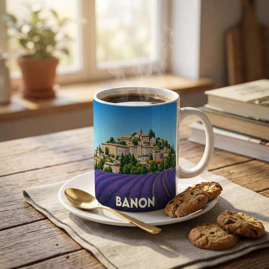 Mug souvenir de la ville de Banon orné d'une illustration stylisée d'un village provençal et de champs de lavande.